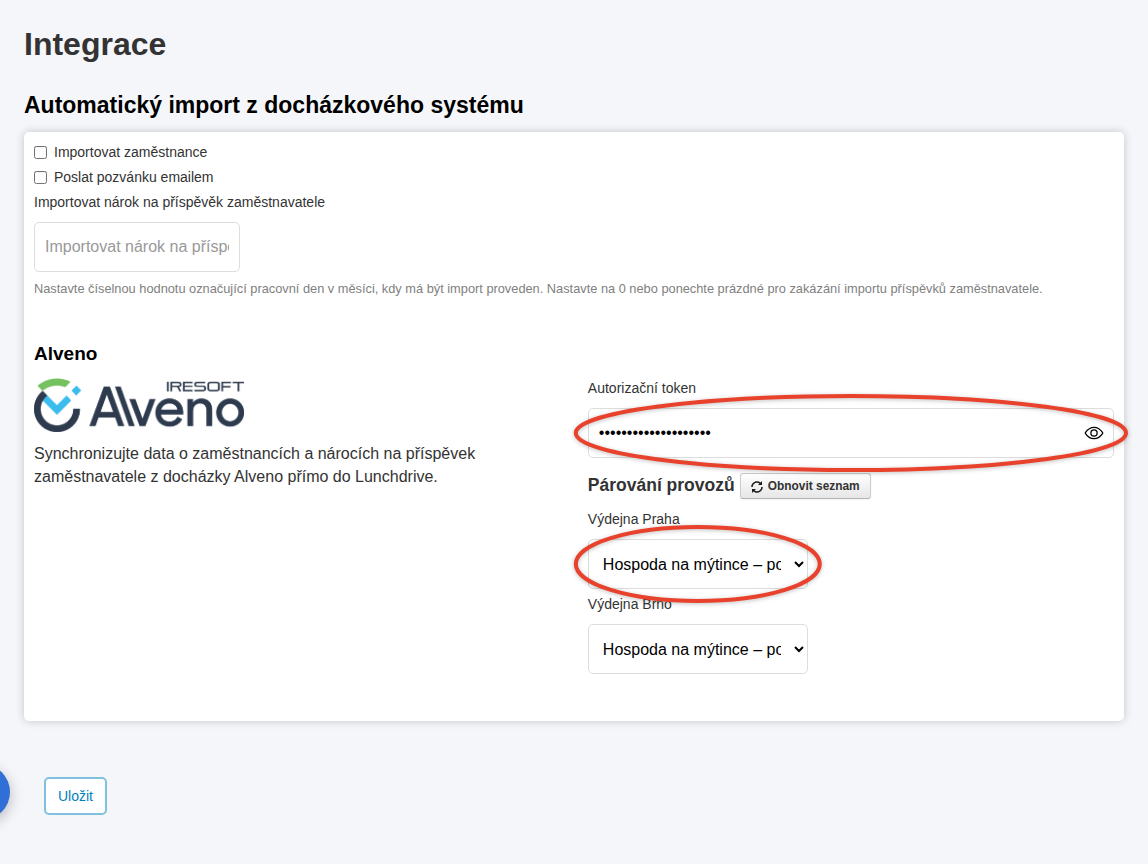 Integrace – pole Autorizační token s tlačítkem oka a párování provozů
